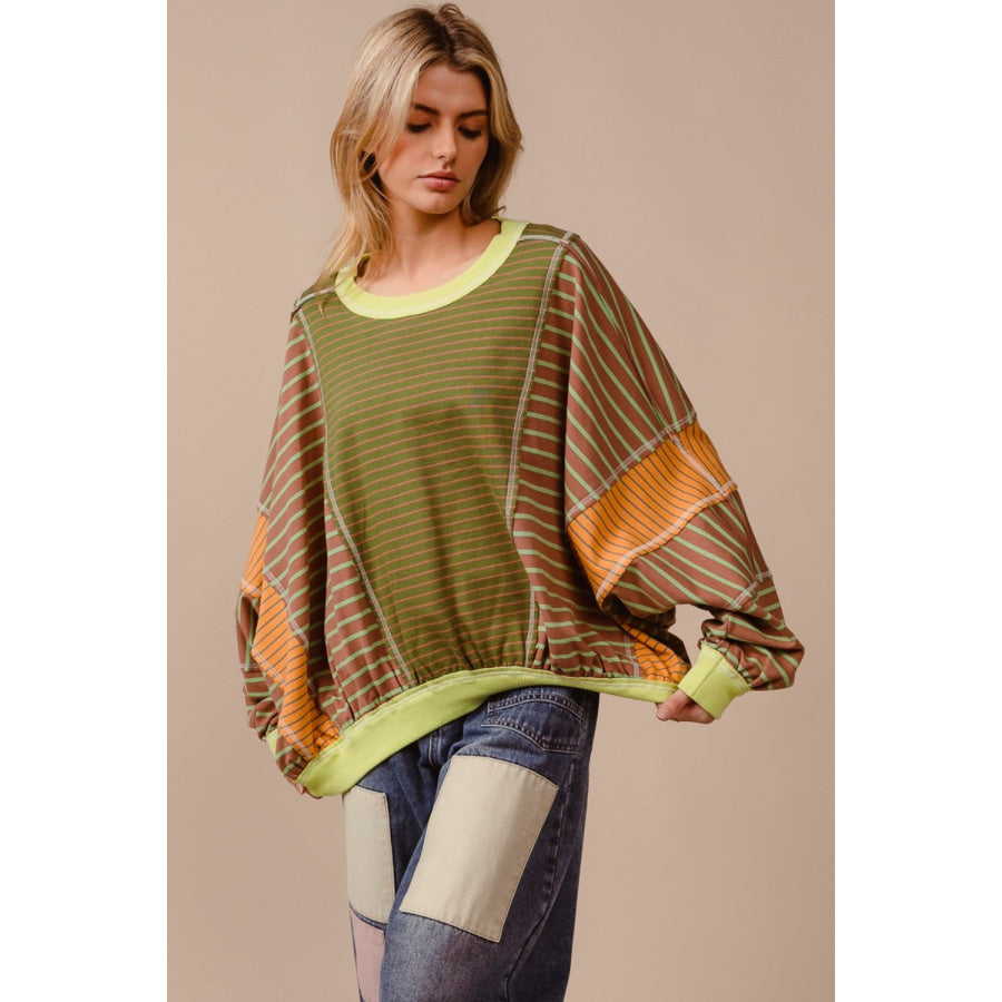BiBi Color Block Striped Round Neck Sweatshirt Apparel and Accessories