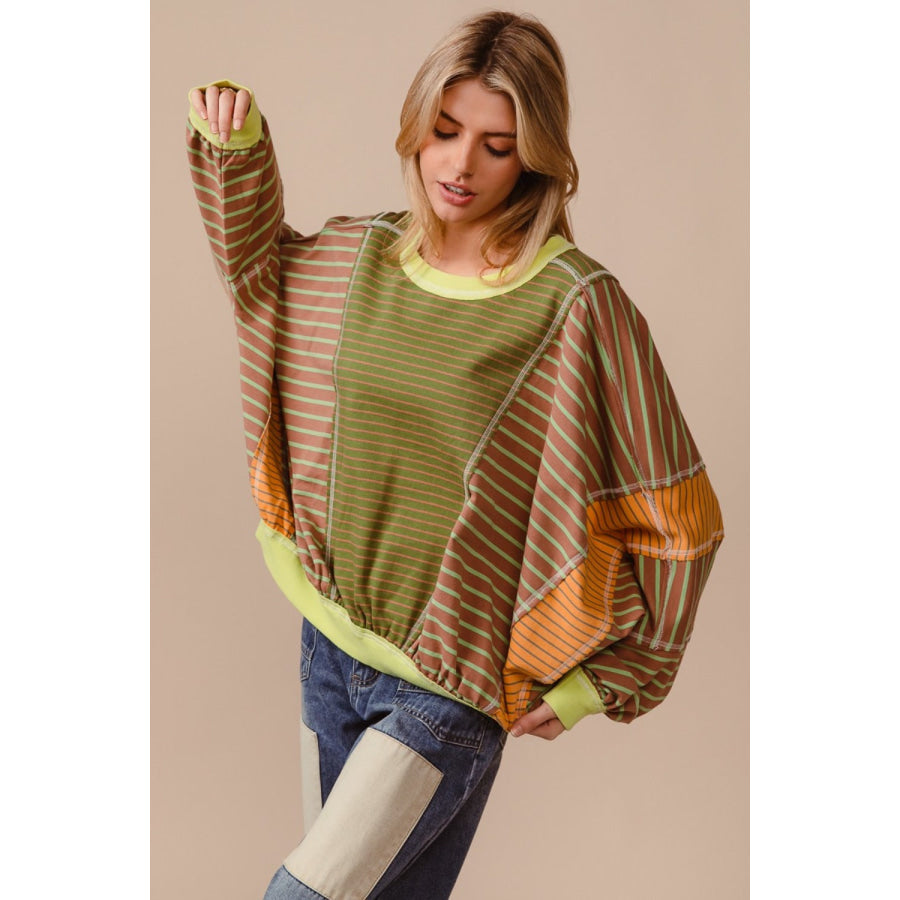 BiBi Color Block Striped Round Neck Sweatshirt Olive/Latte / S Apparel and Accessories