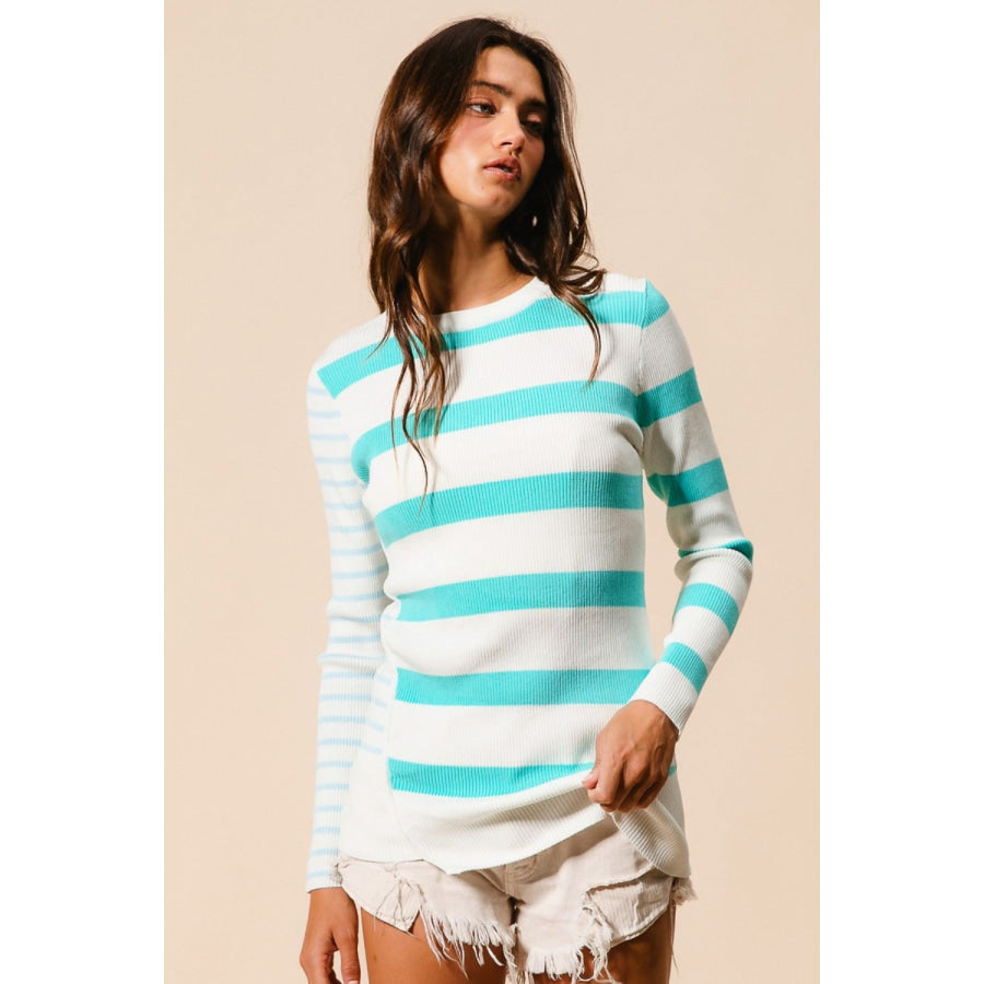 BiBi Contrast Striped Asymmetrical Hem Knit Top Apparel and Accessories