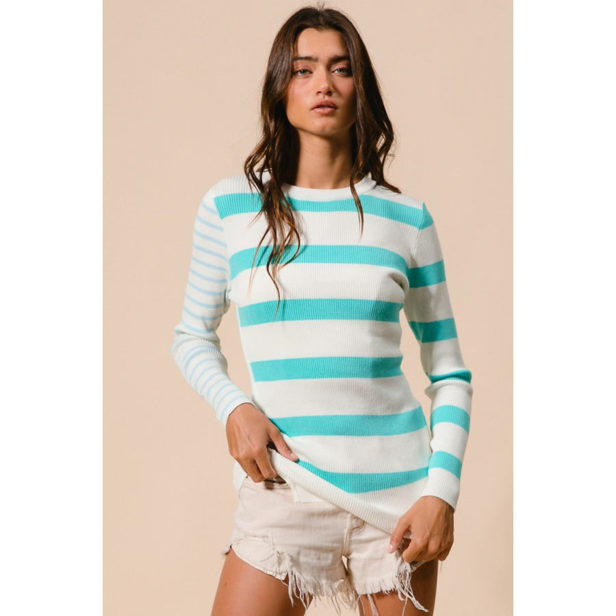 BiBi Contrast Striped Asymmetrical Hem Knit Top Mint/Ivory / S Apparel and Accessories