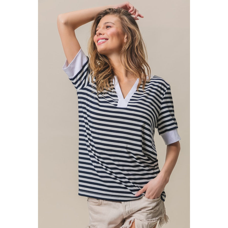 BiBi Contrast Striped Notched Knit Top Apparel and Accessories