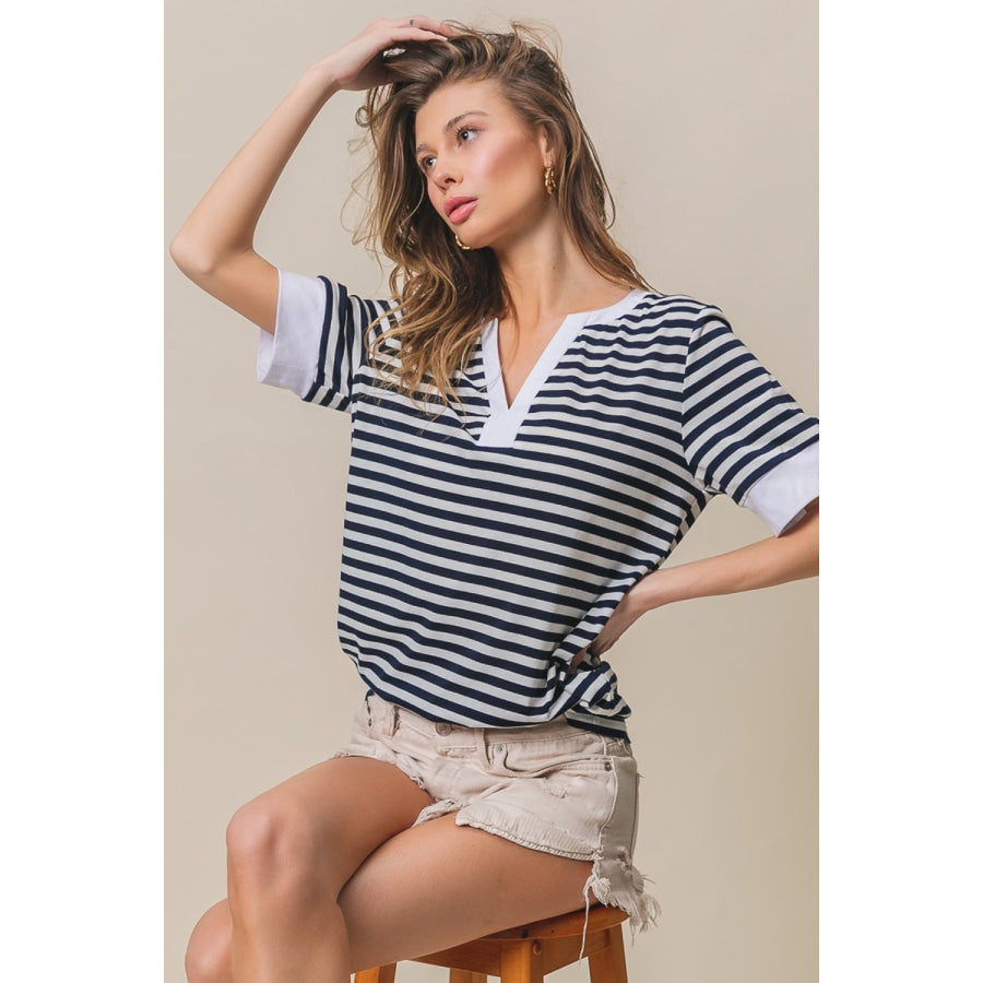 BiBi Contrast Striped Notched Knit Top Apparel and Accessories