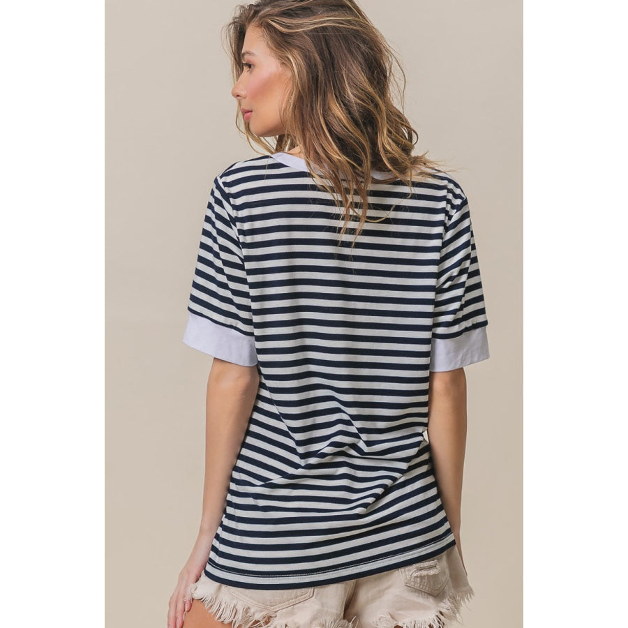 BiBi Contrast Striped Notched Knit Top Apparel and Accessories