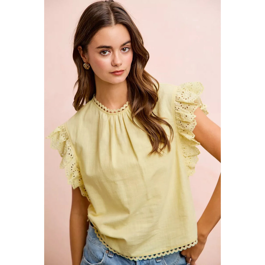BiBi Cotton Solid Ruffle Sleeve Lace Detail Blouse Top Apparel and Accessories