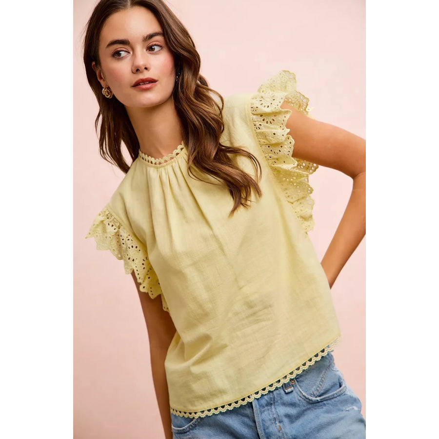 BiBi Cotton Solid Ruffle Sleeve Lace Detail Blouse Top Apparel and Accessories