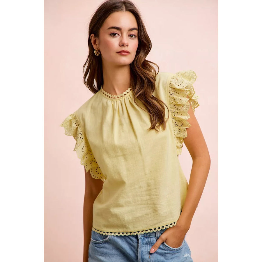 BiBi Cotton Solid Ruffle Sleeve Lace Detail Blouse Top Apparel and Accessories