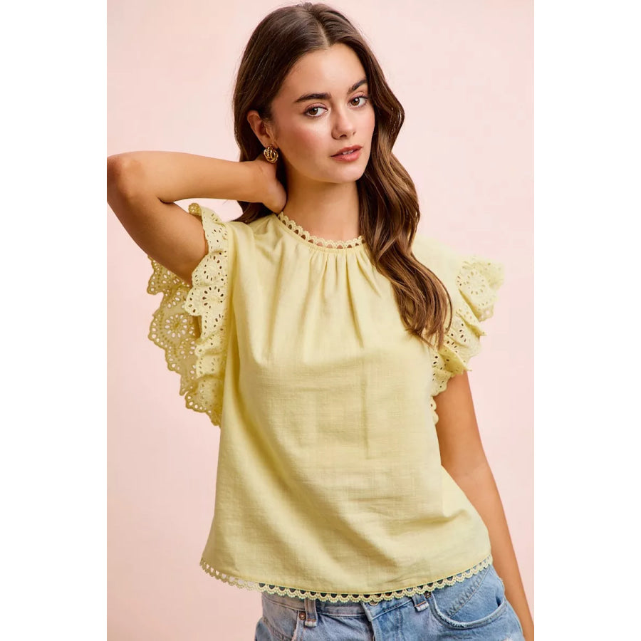 BiBi Cotton Solid Ruffle Sleeve Lace Detail Blouse Top Apparel and Accessories