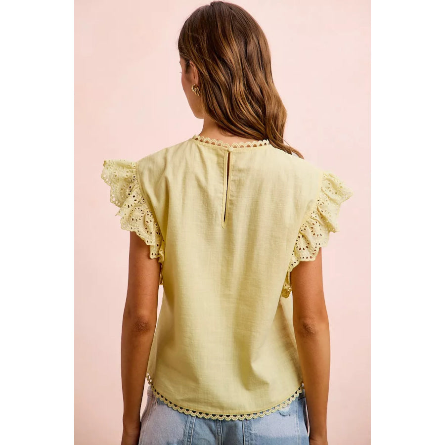 BiBi Cotton Solid Ruffle Sleeve Lace Detail Blouse Top Apparel and Accessories