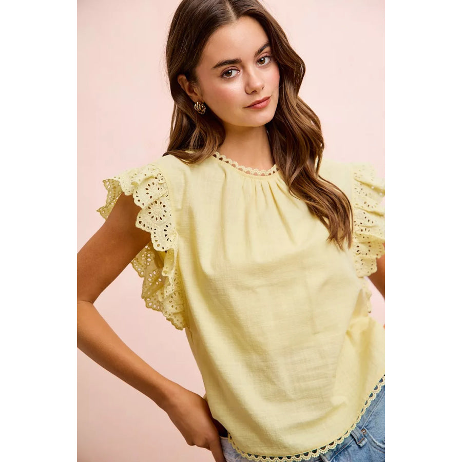 BiBi Cotton Solid Ruffle Sleeve Lace Detail Blouse Top Apparel and Accessories