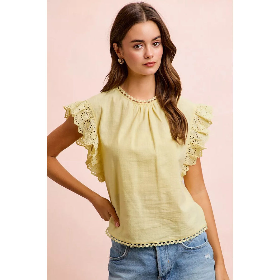 BiBi Cotton Solid Ruffle Sleeve Lace Detail Blouse Top Apparel and Accessories