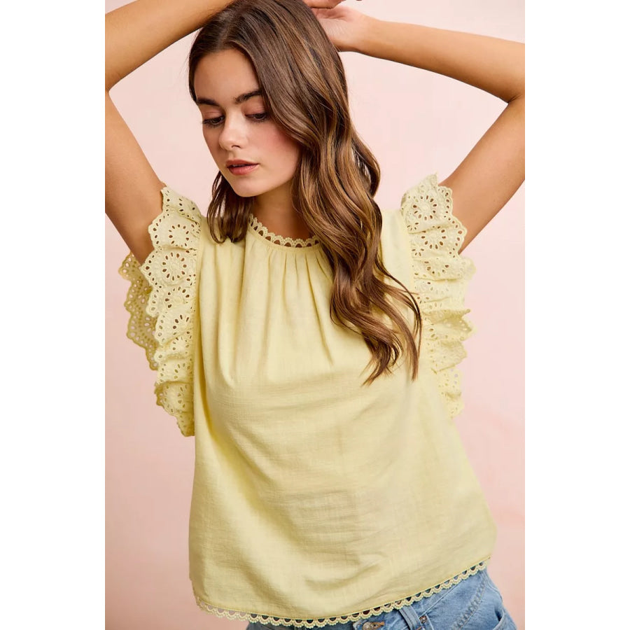 BiBi Cotton Solid Ruffle Sleeve Lace Detail Blouse Top Apparel and Accessories