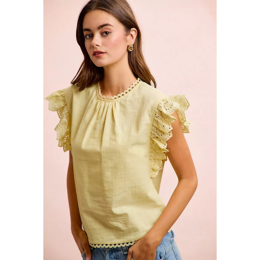 BiBi Cotton Solid Ruffle Sleeve Lace Detail Blouse Top Apparel and Accessories