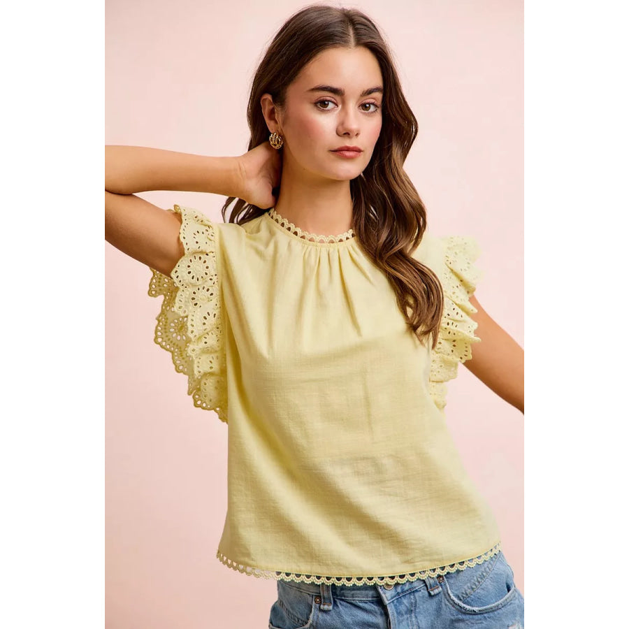BiBi Cotton Solid Ruffle Sleeve Lace Detail Blouse Top Apparel and Accessories