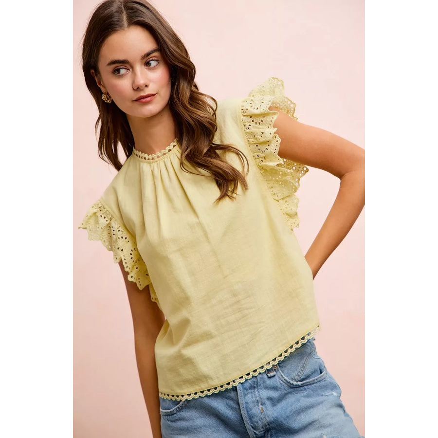 BiBi Cotton Solid Ruffle Sleeve Lace Detail Blouse Top Apparel and Accessories