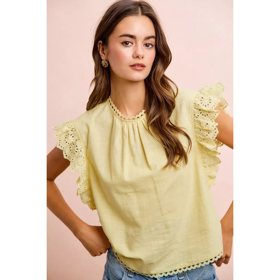 BiBi Cotton Solid Ruffle Sleeve Lace Detail Blouse Top Apparel and Accessories