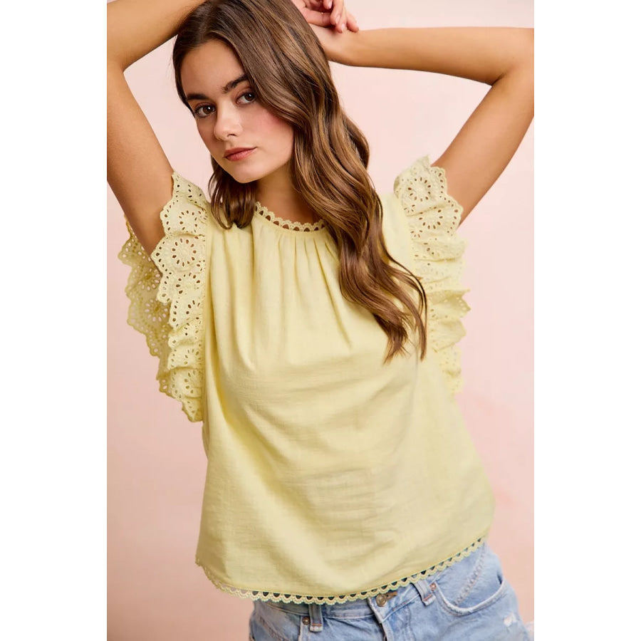 BiBi Cotton Solid Ruffle Sleeve Lace Detail Blouse Top Apparel and Accessories