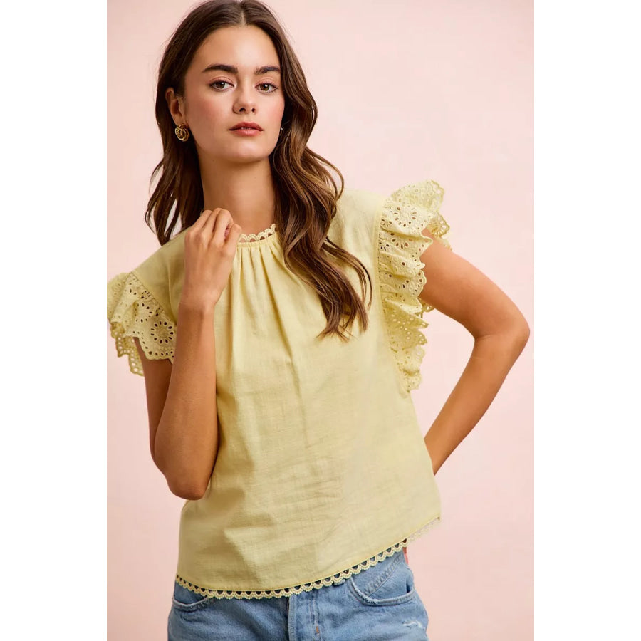 BiBi Cotton Solid Ruffle Sleeve Lace Detail Blouse Top CREAMY YELLOW / S Apparel and Accessories