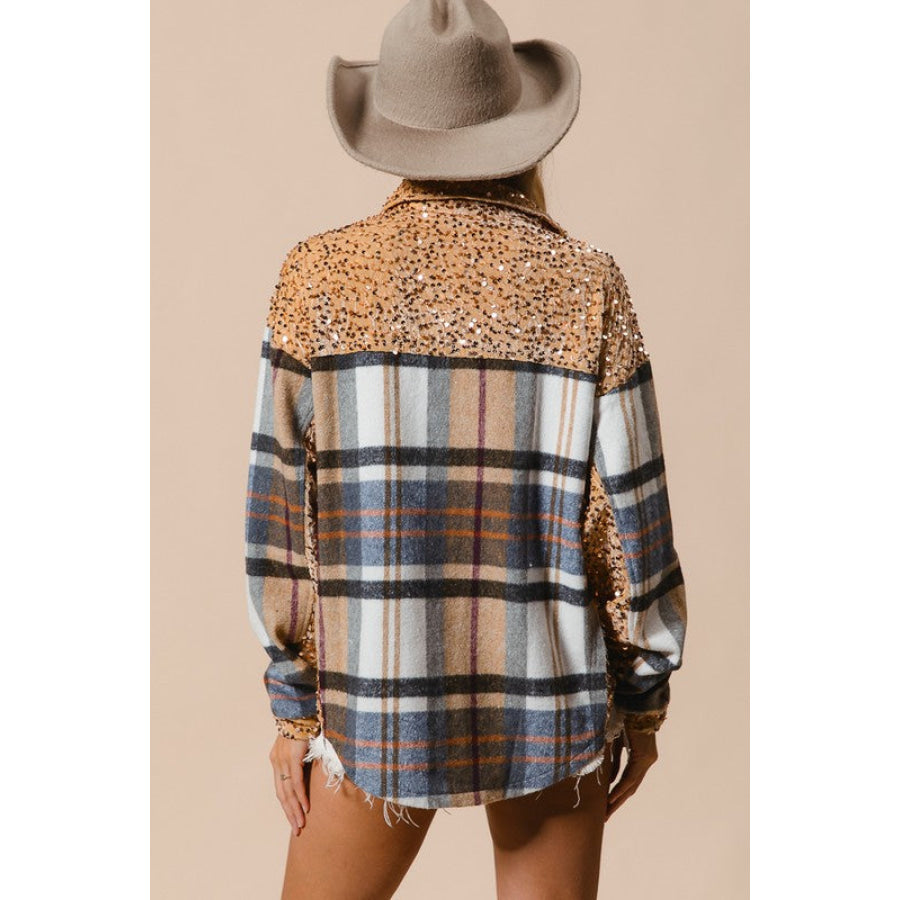 BiBi Curved Hem Sequin Plaid Button Up Shacket Apparel and Accessories