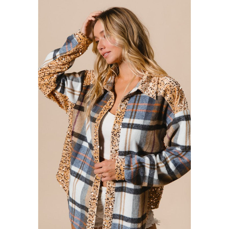 BiBi Curved Hem Sequin Plaid Button Up Shacket Apparel and Accessories