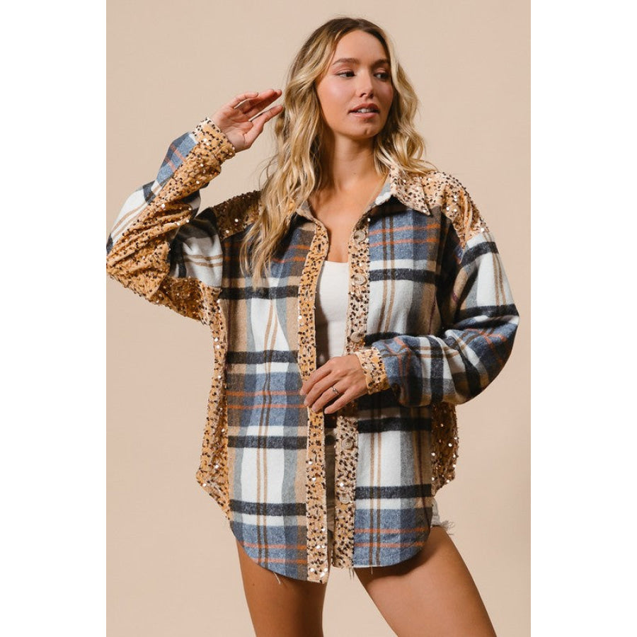 BiBi Curved Hem Sequin Plaid Button Up Shacket Latte Multi / S Apparel and Accessories