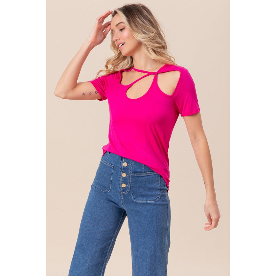 BiBi Cutout Asymmetrical Neck Short Sleeve T-Shirt Apparel and Accessories