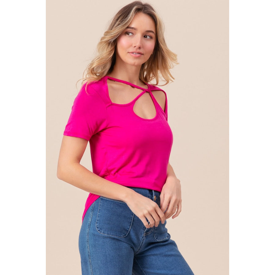 BiBi Cutout Asymmetrical Neck Short Sleeve T-Shirt Apparel and Accessories