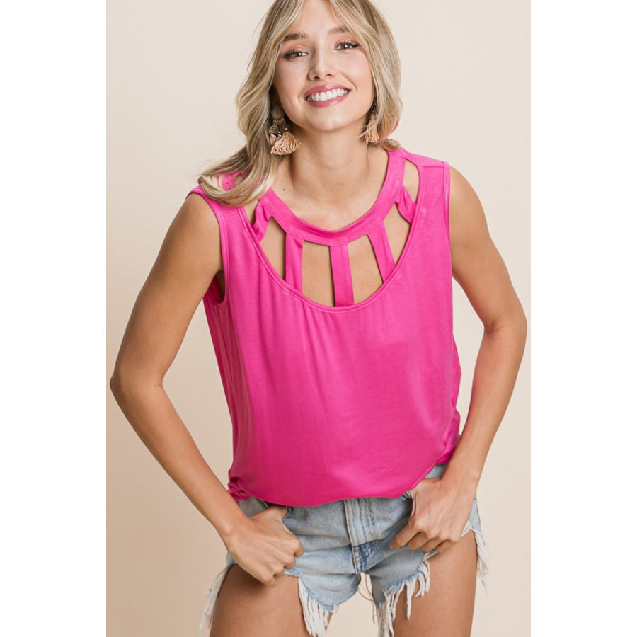 BiBi Cutout Round Neck Sleeveless Top Fuchsia / S Apparel and Accessories