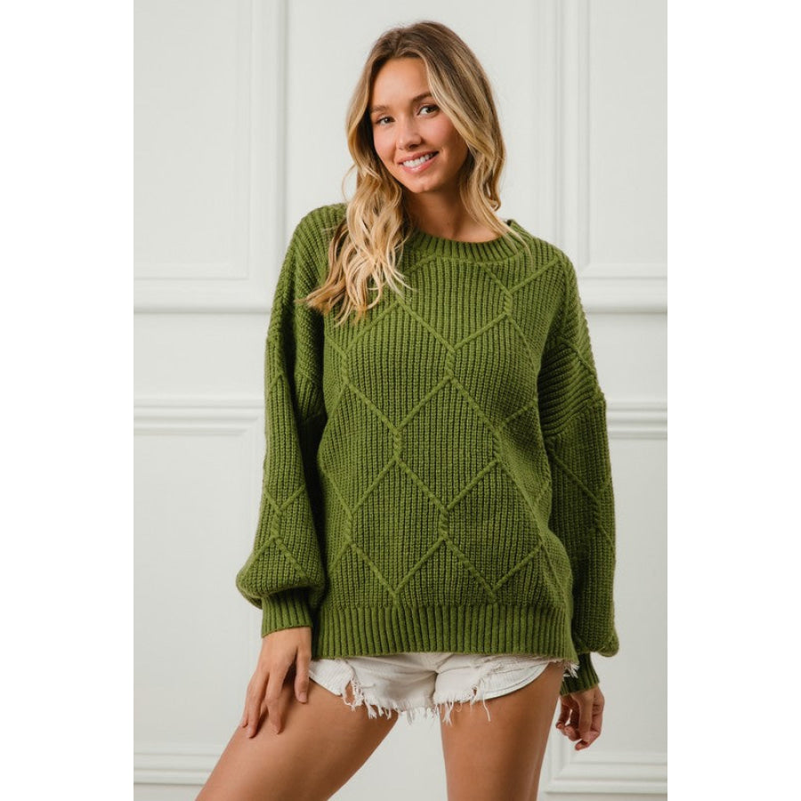 BiBi Diamond Texture Round Neck Long Sleeve Sweater Moss / S Apparel and Accessories