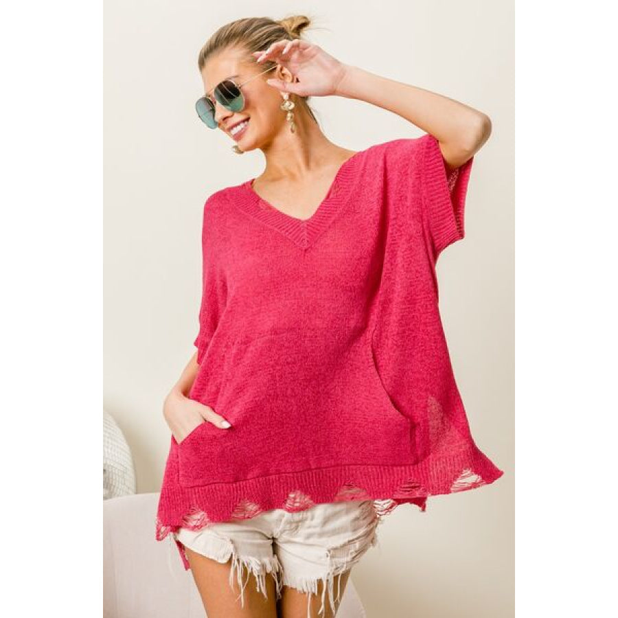 BiBi Distressed Hem V - Neck Slit Sweater Fuchsia / S Apparel and Accessories