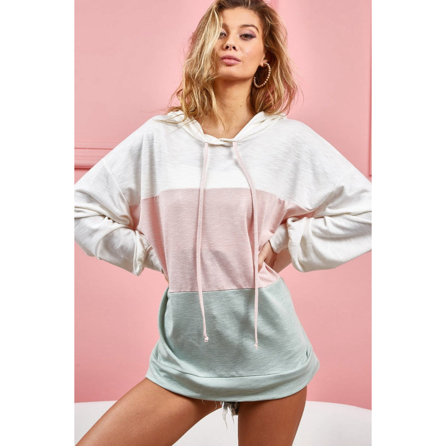 BiBi Drawstring Color Block Hooded Long Sleeve Top Apparel and Accessories