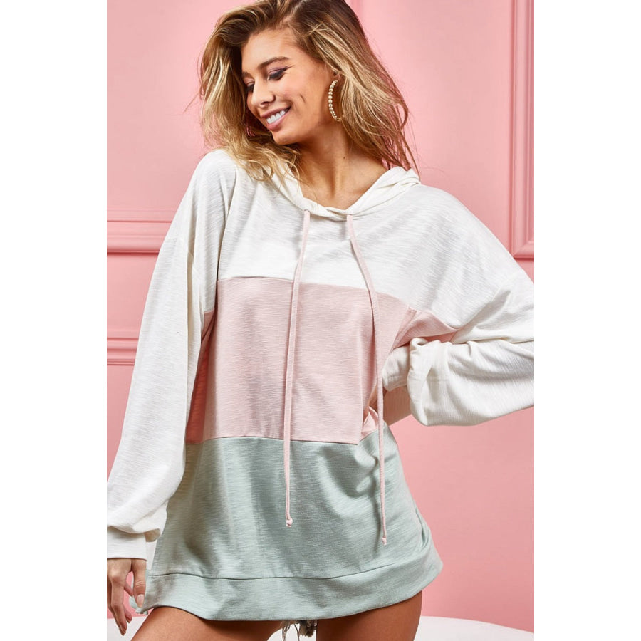 BiBi Drawstring Color Block Hooded Long Sleeve Top Apparel and Accessories