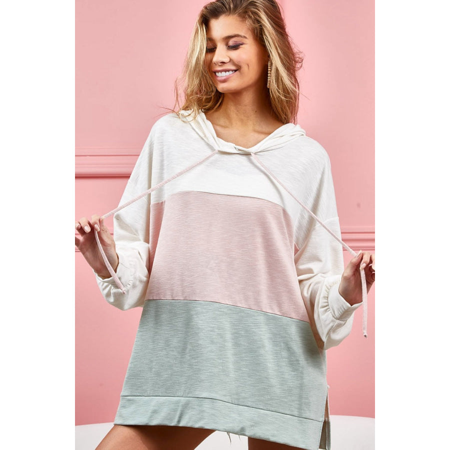 BiBi Drawstring Color Block Hooded Long Sleeve Top Ivory/Sage/Blush / S Apparel and Accessories
