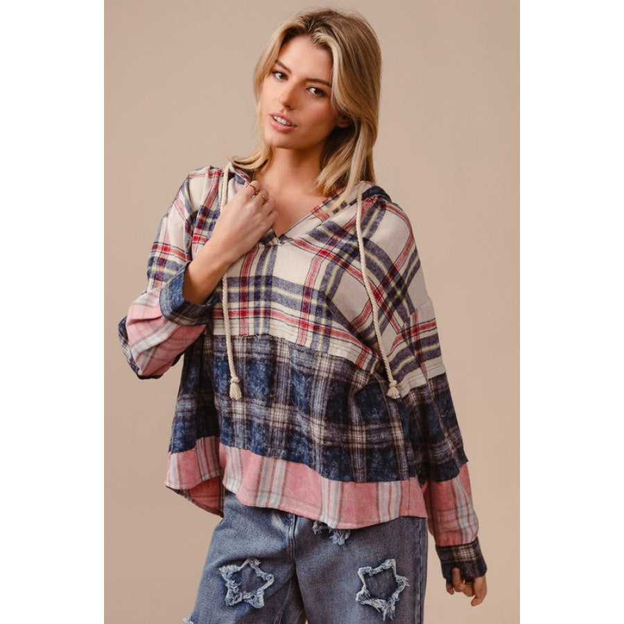 BiBi Drawstring Plaid Drop Shoulder Hoodie Apparel and Accessories