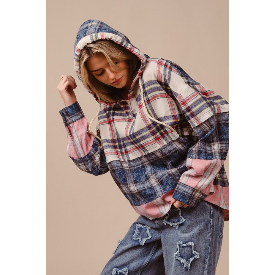 BiBi Drawstring Plaid Drop Shoulder Hoodie Apparel and Accessories