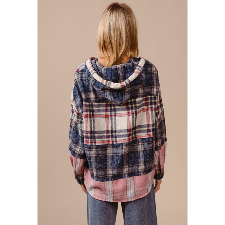 BiBi Drawstring Plaid Drop Shoulder Hoodie Apparel and Accessories