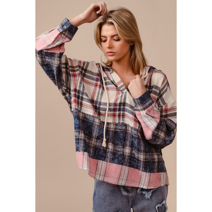 BiBi Drawstring Plaid Drop Shoulder Hoodie Apparel and Accessories