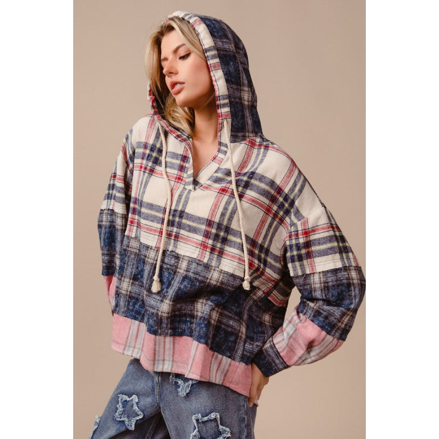 BiBi Drawstring Plaid Drop Shoulder Hoodie Apparel and Accessories