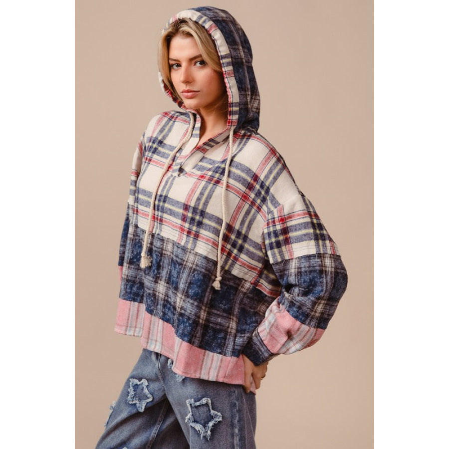 BiBi Drawstring Plaid Drop Shoulder Hoodie Apparel and Accessories