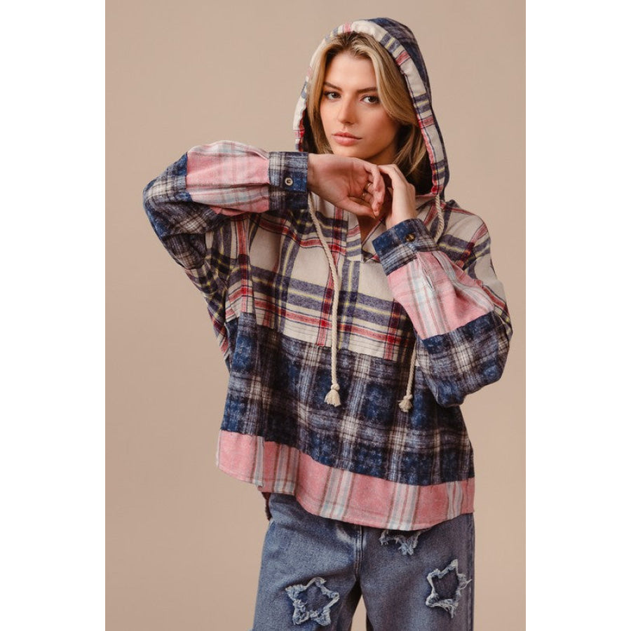 BiBi Drawstring Plaid Drop Shoulder Hoodie CREAM/NAVY/MAUVE / S Apparel and Accessories