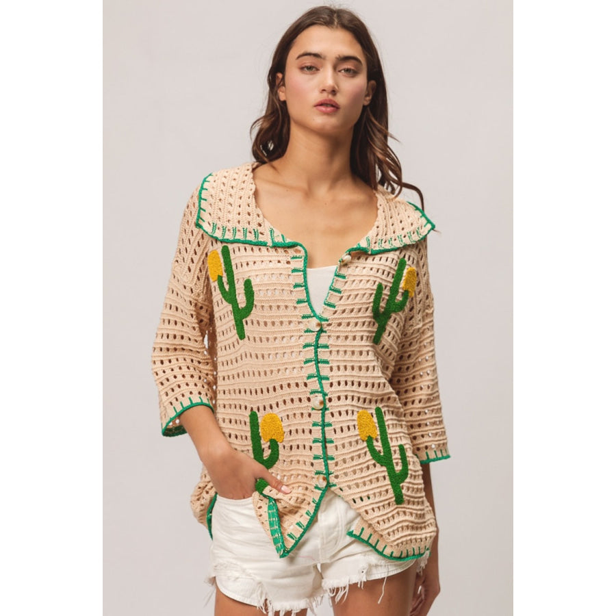 BiBi Edge Stitched Cactus Patch Sweater Cardigan Oatmeal/Green / S Apparel and Accessories