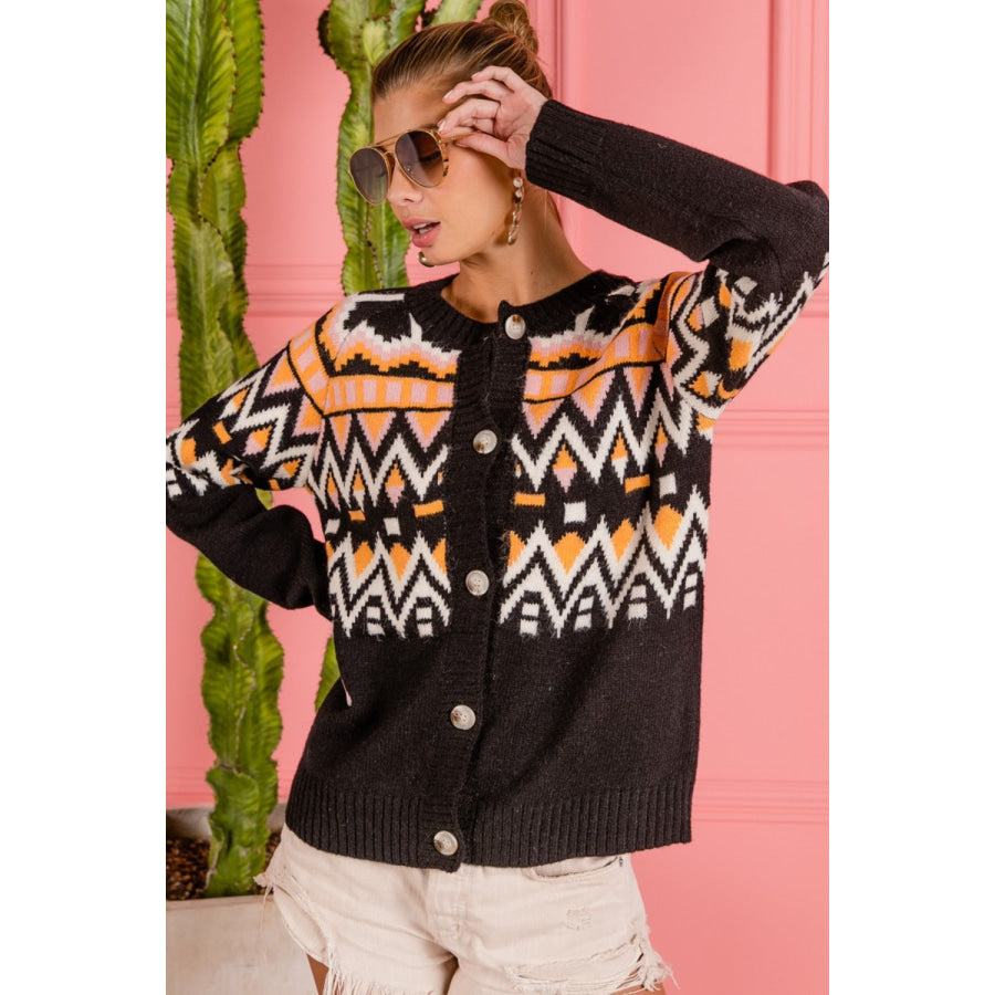 BiBi Ethnic Pattern Button Up Knit Cardigan Apparel and Accessories