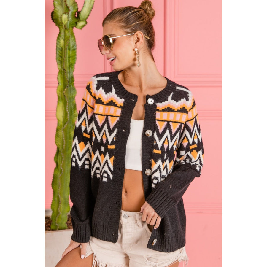 BiBi Ethnic Pattern Button Up Knit Cardigan Apparel and Accessories