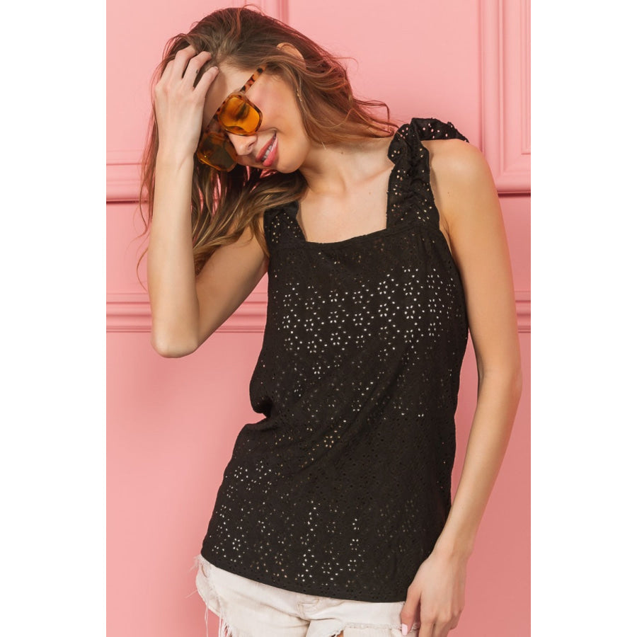 BiBi Eyelet Ruffle Wide Strap Tank Black / S Apparel and Accessories