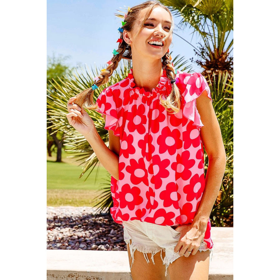 BiBi Floral Contrast Ruffled Top Apparel and Accessories