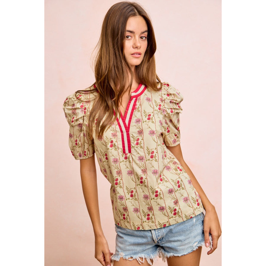 BiBi Floral Gather Sleeves Contrast Neckband Blouse Top Apparel and Accessories