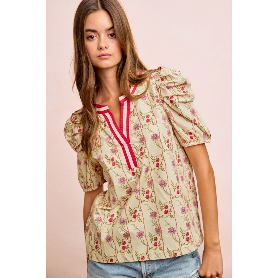 BiBi Floral Gather Sleeves Contrast Neckband Blouse Top Apparel and Accessories