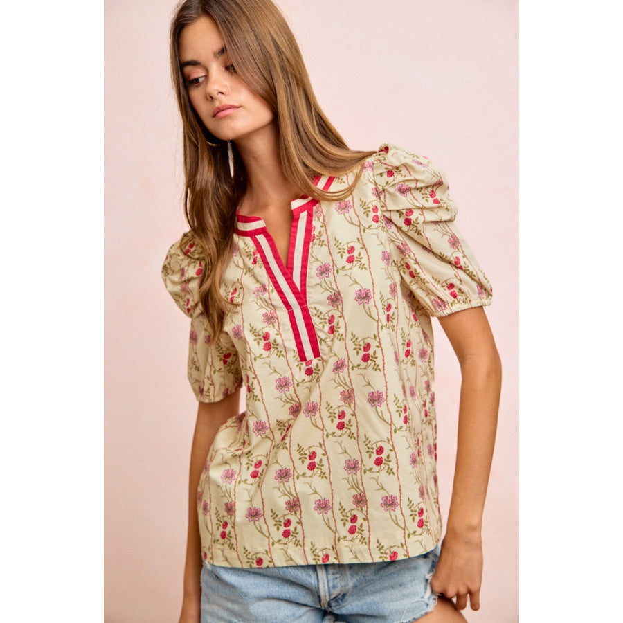 BiBi Floral Gather Sleeves Contrast Neckband Blouse Top Apparel and Accessories
