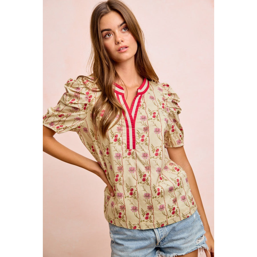 BiBi Floral Gather Sleeves Contrast Neckband Blouse Top Apparel and Accessories