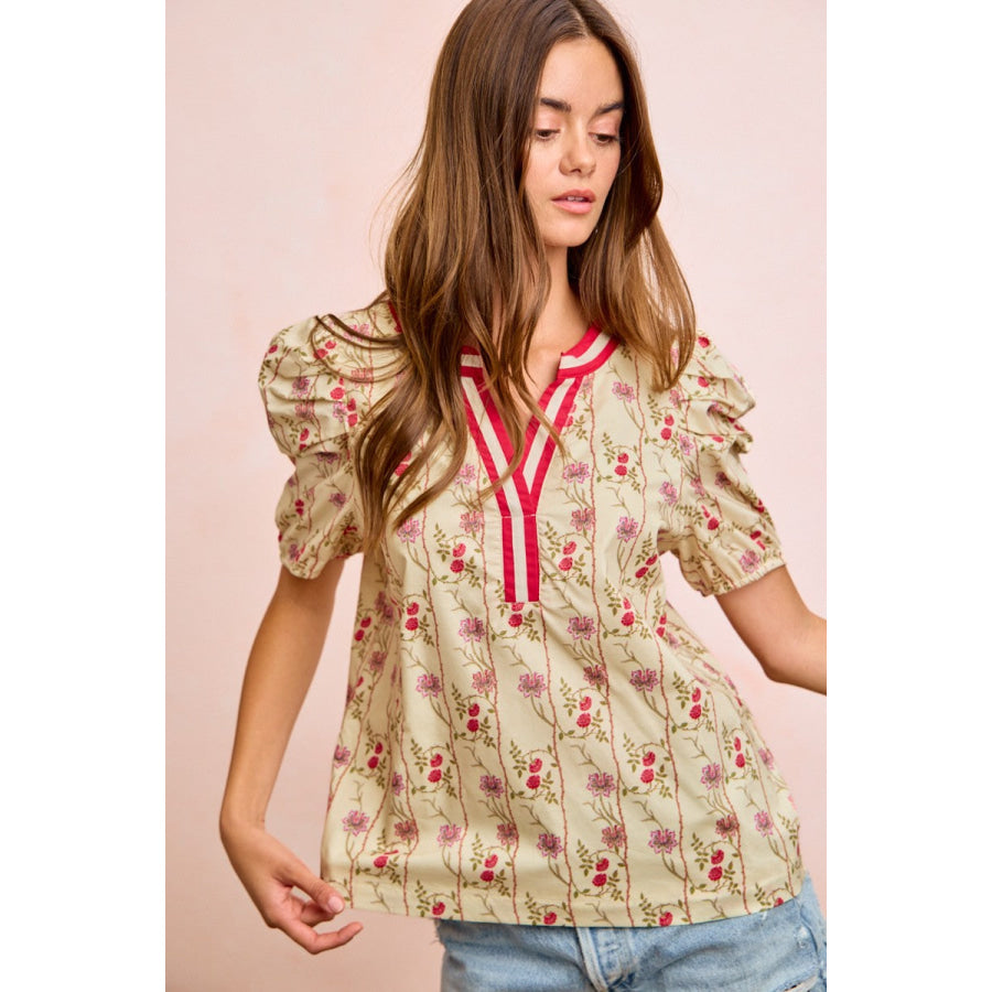 BiBi Floral Gather Sleeves Contrast Neckband Blouse Top Apparel and Accessories