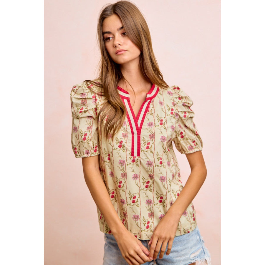 BiBi Floral Gather Sleeves Contrast Neckband Blouse Top Apparel and Accessories